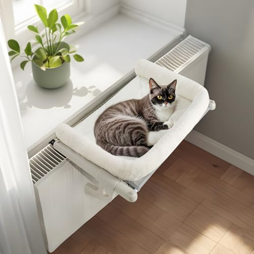 GUUSII HOME Heizungsliege Katzen Katzenliege Balkon Katzenbett für Bettkante Heizung Hängen Liegeplatz Einhängen Bett Hängematte Heizkörper Katze Heizungsliegekatzen 63 * 38cm Halten 18kg(Weiß,L)