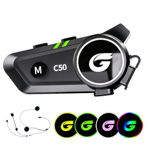 Zhongreat Motorcycle Helmet Bluetooth Headset with Stereo Sound, C50 2-Way 1000M Communication System Intercom Speakers with CVC Noise Cancellation, Music Control, Waterproof IP67 for Helmets, 1 Pack