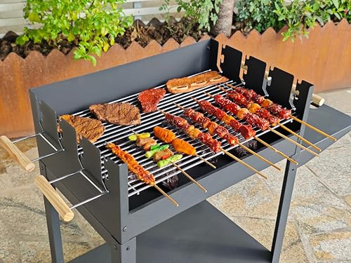 BBQ Kingdom Portable Charcoal Barbecue Grill, Large Dual Cooking Grates with adjustable heights, Rolling Wheels, Side Table, Windshield, Dark Grey