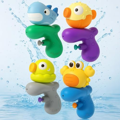 Lindas pistolas de agua de animales – Mini pistola de agua para niños, juego de 4 unidades, 80 ml pistolas para niños y niñas, alcance de 2 – 6 m, juguetes de baño ABS para jardín, playa y bañera