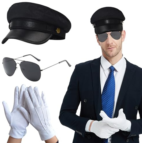 ZXTGBQ 3PCS Accesorios De Ropa Para Pilotos, Sombrero Negro, Guantes Blancos,Gafas De Sol, Accesorios Para La Ropa Del Conductor, Club De ChóFer O Motociclista De GáNgster Para Carnaval Halloween