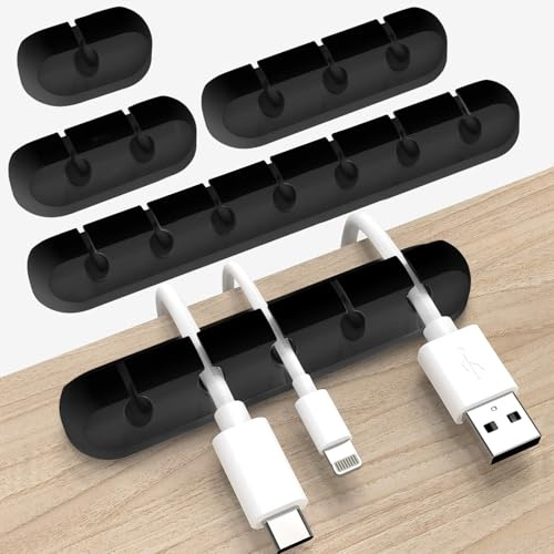 Teouuas 5 Piezas Administrador de Escritorio Soporte de Cable, Organizador Clip de Cable, Negro Clips Autoadhesivos para Cables, para Carga Cables de Mouse, Oficina y Hogar
