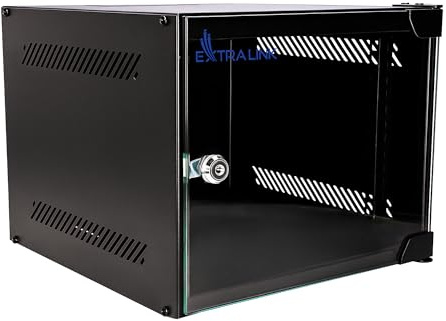 Extralink Armario Rack de 10 4U - Armario de Red de 310 mm, Montaje en Pared o Suelo, hasta 30 kg, Puerta de Cristal Templado, Apertura de 180°, Negro - para Red doméstica y Equipos informáticos