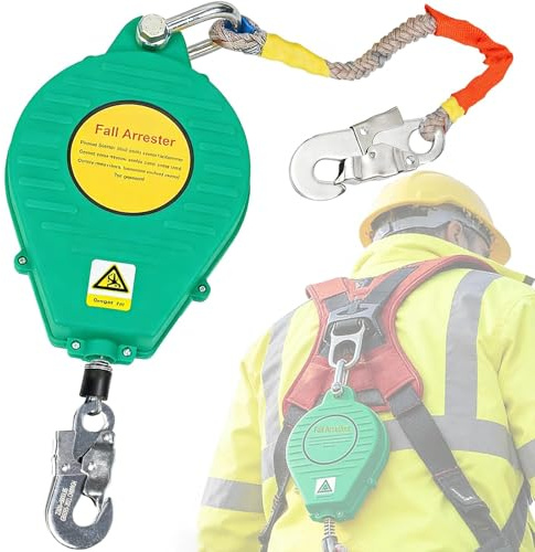 Arnes Linea de Vida Retráctil Tejado, 3-20m Dispositivo Anticaidas Retráctil Seguridad para Techado y Construcción, 150 kg Linea de Vida Retractil con Gancho Autoblocante(Verde,10m)