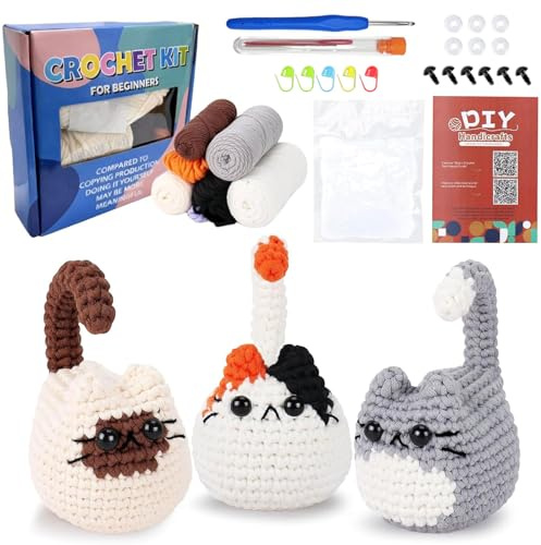 BOYIFEIJIE Set all'uncinetto per principianti, set di animali, istruzioni Amigurumi con video passo dopo passo, tre simpatici gatti, ideale per principianti, set creativo all'uncinetto (3 gattini)