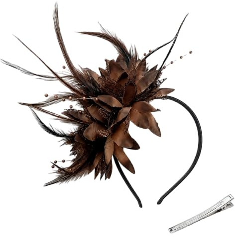 Chocolate Brown Fascinators Hat for Wedding, Fascinator Headband & Forked Clip, Flower Mesh Ribbons Feathers with Feathers Cocktail Tea Party Headwear for Women and Girls (coffee)
