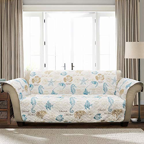 Lush Decor Harbor Life Furniture Protector, Couch Cover, 116 W x 75 L, Blue & Taupe - Quilted Coastal Couch Cover - Nautical Furnishings - Pet Sofa Covers - Furniture Covers For Sofa & Loveseat
