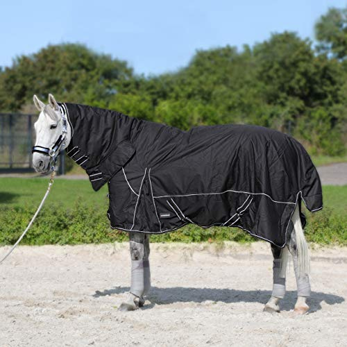 Horsenjoy Horse blanket, rain blanket, winter blanket, outdoor blanket, paddock blanket with neck part, 300 g, 200 g filling, Aspen (125 cm, 300 g, black).