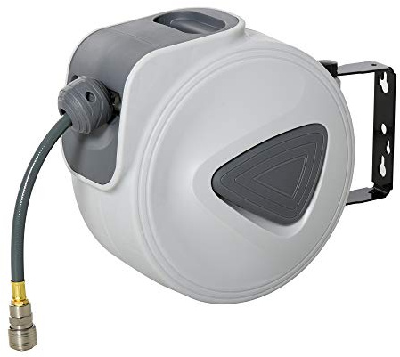 DURHAND Enrouleur de tuyau à air comprimé - tuyau : 10 m + 0,9 m - Ø intérieur 3/8 (9,5 mm), 1/4 (6,35 mm) BSPT - dévidoir automatique pour tuyau d'air rétractable gris