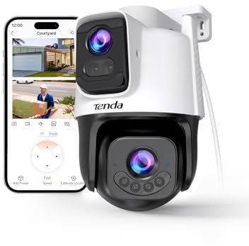 Tenda Telecamera Wi-Fi Esterno 2K+2K,360° PTZ Videocamera Sorveglianza Esterno con Doppia Lente,FHD Tracciamento Automatico,IP65, Visione Notturna a Colori, Audio Bidirezionale,Rilevamento veicoli CH9