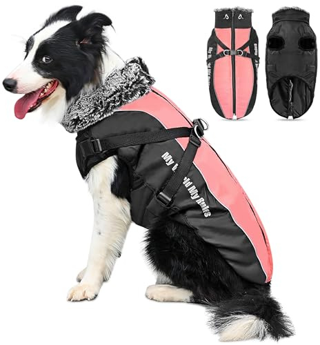 ALLSOPETS Cappotto per Cane Impermeabile e Caldo con Pettorina Integrata e Strisce Riflettenti, Giacca Invernale per Cani di Taglia Media e Grande (Rosso Corallo, 3XL)