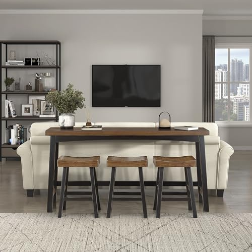 Lexicon Bar Table Set for 3, Small Kitchen Table Set Kitchen Island Table with 3 Saddle Bar Stools, 4 Piece Dining Table Set for Breakfast Nook, Living Room, Apartment, Counter Height, Black/Brown