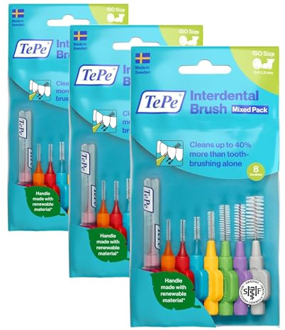 TePe Interdental Brushes | Type: Original | Mixed Pack | Size 0-7 (0.4-1.3mm) | 8 Count (Pack of 3)