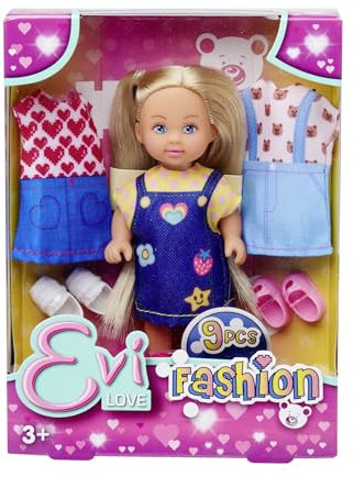 Simba Evi Love Fashion, Spielpuppe trägt EIN süßes Jeanskleid, inkl. Zwei weiteren Outfits, mit niedlichen Prints und Sneakers, 12cm, ab 3 Jahren