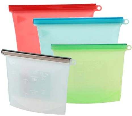 Silikon Gefrierbeutel Wiederverwendbar, 4 Stück Wiederverwendbare Gefrierbeutel mit Verschluss Clip Silica Beutel Aufbewahrungsbeutel Silikon Beutel Silikonbeutel für Lebensmittel