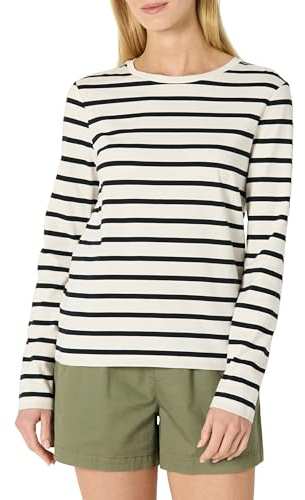 Amazon Essentials T-shirt a Maniche Lunghe in 100% cotone, Vestibilità Classica Donna, Bianco Guscio D'uovo Nero Marinaio Righe, M