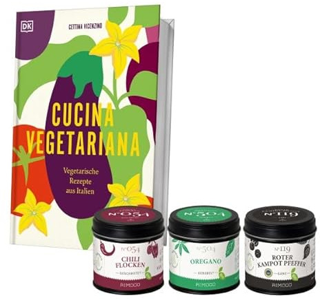 Rimoco Gewürze Geschenkset aus Gewürzen + Das Kochbuch Cucina Vegetariana - bestehend aus Chiliflocken N°054, Bio Kampot Pfeffer rot N°119 und Bio Oregano N°504