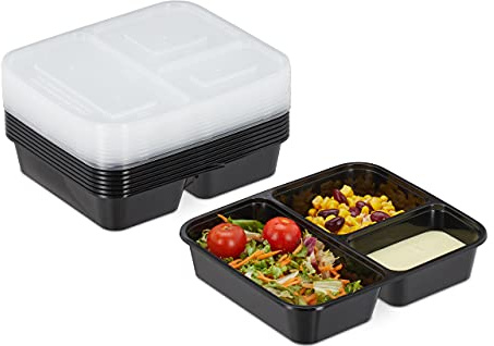 Relaxdays 20 x Meal Prep Boxen, 3 Fächer, 1000 ml, mikrowellengeeignet, Kunststoff Essensboxen mit Deckel, schwarz