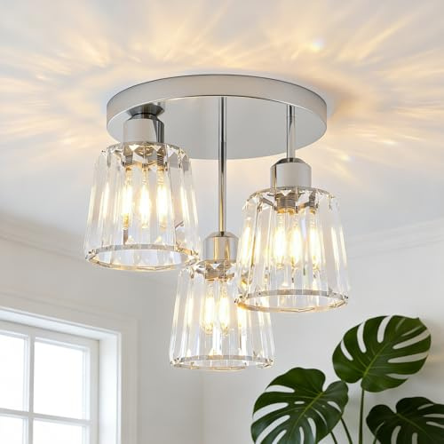 ANWIO Ceiling Light,3 Light Fitting,Silver Ceiling Lights Living Room,E27 Light Shade Ceiling,Morden Hallyway Crystal Ceiling Light,Chandeliers Ceiling Lights (LAMP DIAM 25CM