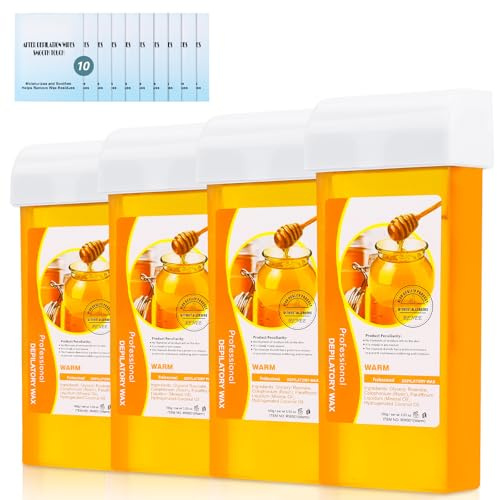 Roll on Wax Refill Kit: 4 Honey Wax Roller Refill & 10 Cleaning Wipes - Hair Removal Cartridge for Body Leg Arm (100g/3.53oz, 4 Pack)