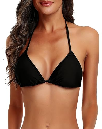 InfiniZer Women's Bikini Top for Women UK, Sexy Triangle Adjustable Strings Swimwear with Interchangeable Breast Pads (UK, Alpha, M, Regular, Regular, Black)