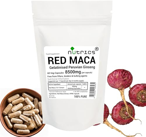 Nutrics® 8500mg (per Capsule) GELATINISED RED MACA Root Extract 60 Veg Capsules - Peruvian Ginseng - No Additives Strong One A Day (60)