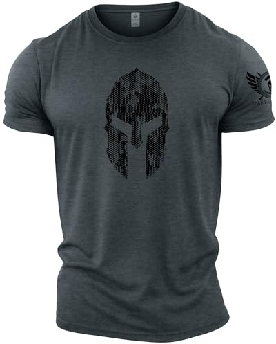 GYMTIER Spartan Helmet Hex Camo - Spartan Forged - Men's Gym T-Shirt - Bodybuilding Workout Top, Dark Heather, 5XL