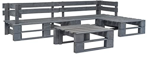GeenYuu Salon de Jardin Palette 4 pcs en Bois pin imprégné Gris pour terrasse Balcon Patio avec Table Basse Banquette Angle Pouf Assise modulable pour détente Repas réception extérieur intérieur