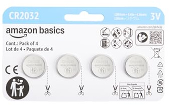 Amazon Basics CR2032 3V Lithium Coin Cell Batteries, Child-Proof Package, Non-Coated, AirTag Compatible, 4-Pack