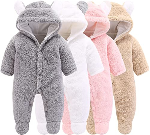 Winmany Newborn Baby Cartoon Bear Snowsuit Winter Coat Fleece Hooded Romper Jumpsuit (0-3Month, Grey)