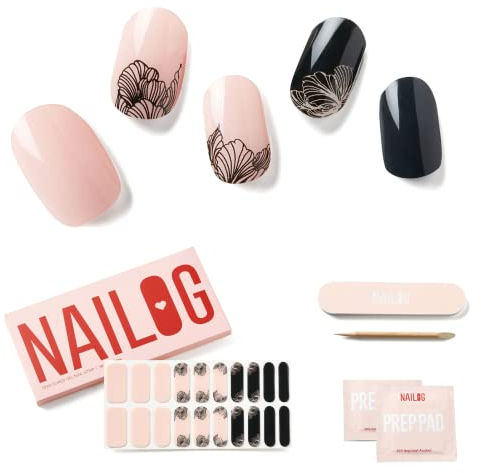 NAILOG Semi Cured Gel Nail Strips, Extra Long Nail Polish Strips (20 Pieces), Long Lasting Semi Cured Nail Stickers with Soft Glossy Gel Finish, Blossom