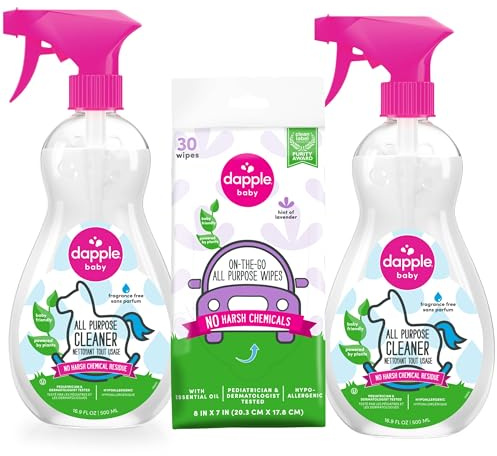 Dapple Baby All Purpose Cleaning Spray, Hypoallergenic for Toys, High Chairs, Swings, Counters, Powered by Plants, 1 Pump Included, Fragrance Free, 16.9 Fl Oz (Pack of 2) + 30 Count Wipes
