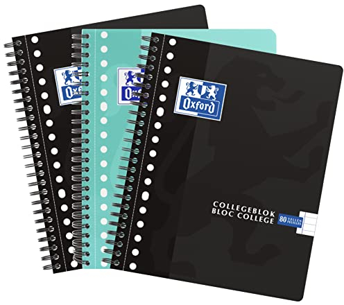 Oxford School Collegeblock 3 Stück A5 Liniert 80 Blatt 17 Loch Schwarz/Türkis