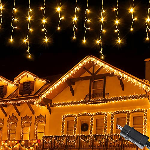 Meision Luci di Natale da Esterno Cascata 5m 200LEDs Tenda Luminosa Natale con 8 Modalità, Timer, Funzione di Memoria, IP44 Impermeabile, Luci Natale Esterno per Balconi, Gronda, Feste, Bianco caldo