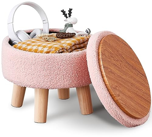 Wimarsbon Storage Ottoman, Modern Round Footrest with Soft Padded Seat, Teddy Velvet Footstool with Wood Legs, Accent Small Table or Plant Stand for Hallway, Living Room (Pink)