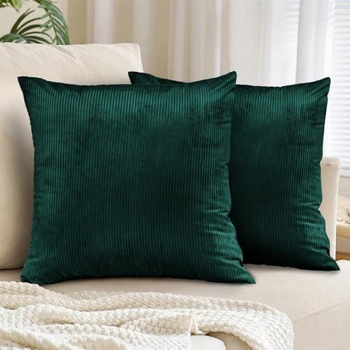 Yorkshire Bedding Emerald Cushions with Covers Included 45 x 45 cm Set of 4PCS (2 Cushions, 2 Inserts) Stripe Velvet Square Pillow Cases with Invisible Zipper for Couch Bedroom 18x18 Inch