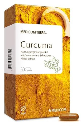 Medicom – Curcuma Kapseln, Curcuma longa-Extrakt mit Piperin, Hochwertige Curcuminoid-Qualität, hohe Bioverfügbarkeit, 500 mg Curcumin – 60 Kapseln