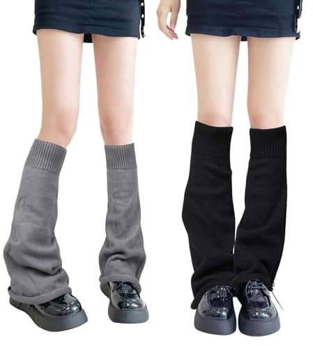 QKURT 2 Paar lange Beinstulpen, gestrickte Winter-Thermo-Beinstulpen, Punk-Kniestrümpfe, Stiefel-Manschettenwärmer für Damen und Mädchen