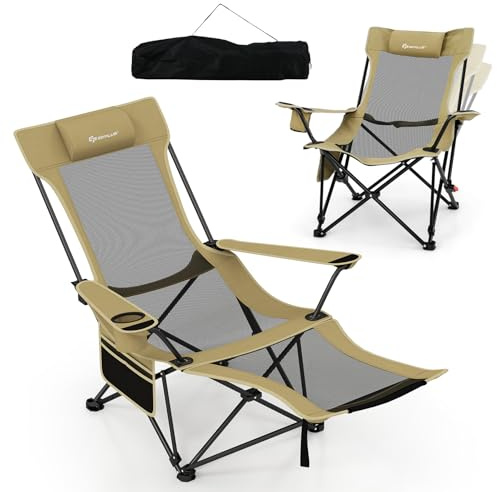 GOPLUS Silla Camping Ligera, 150 kg, Sillas Playa Reclinable de 4 Posisiones con Reposapiés Extraíble y Ajustable, Portavasos, Malla Transpirable y Bolsa de Transporte, Chair de Paseo para Jardín