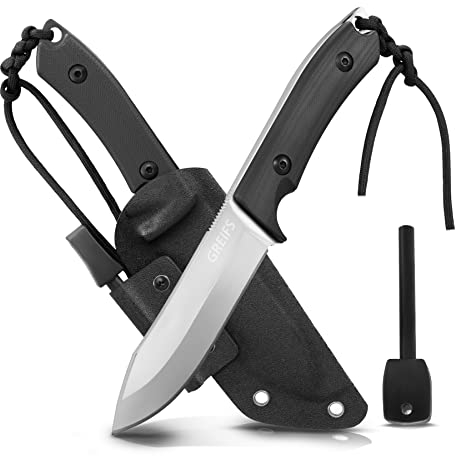 GREIFS® Outdoor-Messer aus D2 Stahl mit Kydex Holster und Feuerstahl, edles Survival Messer für die Bushcraft Ausrüstung, Jagdmesser, Schnitzmesser, Fahrtenmesser (Milan/Silber-Schwarz-o)
