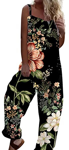 Vasreyy Jumpsuit Kurz, Sommer Outfits Damen Ski Overall Damen Winter Vintage Blumen Druck Ärmellos Baumwolle Jumpsuit Mit Träger Jumpsuits Für Damen Elegant Maleroverall Einweg(S,Schwarz)