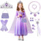 9Pcs Girls Princess Costume, Purple Ice Princess Dress Set with Necklace, Gloves, Ring, Bag, Girls Gift Carnival Cosplay Costume(130)
