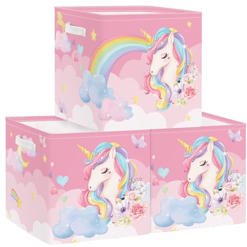 Clastyle 3 Stück Einhorn Kinder Aufbewahrungsbox Stoff für Kallax Faltbar Aufbewahrungskorb Klein Mädchen Schrank Organizer Kleiderschrank für Regal,Wolke,30x30x30 cm