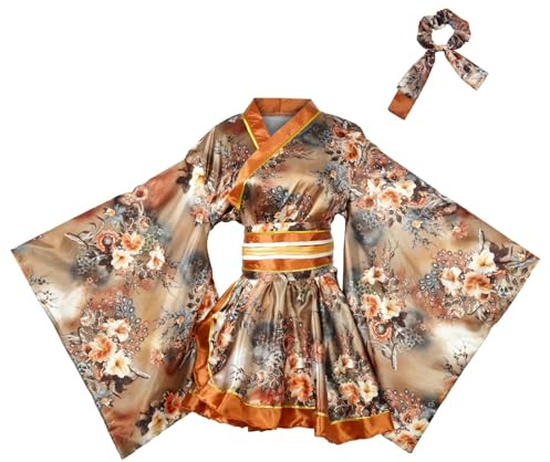 ASWTZ Women's Japanese Kimono Costume Traditional Geisha Short Robe Anime Printed Bathrobe Gold Stamping Pattern Sleepwear (US, Alpha, One Size, Regular, Regular, orange)