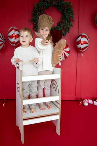 GUGI - Lernturm Für Kinder Ab 1 Jahr Größe XL 48x49x85 cm - Multifunktionaler Hocker Aus Holz - Weißer Tritthocker Zum Lernen Und Spielen Im Innenbereich - Learning Tower, Regenbogen-Edition