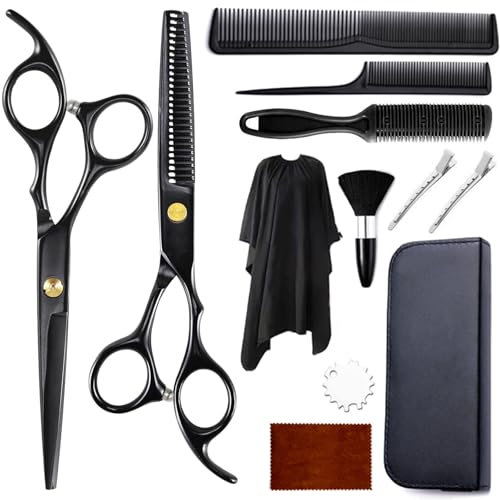 12 Pièces Kit Ciseaux Coiffure avec Cape, Peigne, Accessoires Coiffeur Salons Professionnel, Ciseaux Coiffure Desepaissir Acier Inoxydable, Ciseaux Barbe Cheveux pour Homme, Femme, Enfants (Noir)