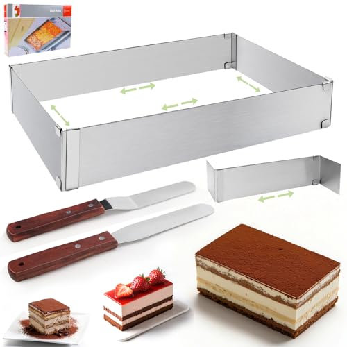 KOUHA Telaio da Forno Rettangolare Regolabile Anello per Torta Rettangolare Regolabile con Divisore Spatola per Torte Torte Pizza Cottura Accessori per la Cottura 18x27 a 34x52cm