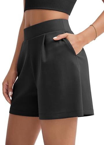 ODODOS Modal Soft Wide Leg Shorts for Women 4 High Waist Casual Relaxed Shorts with Pockets, Black, Large