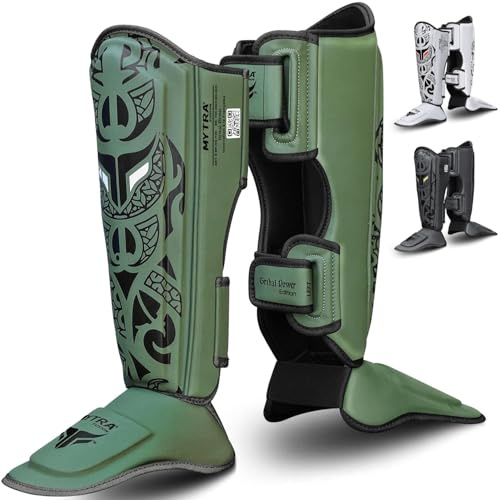 Espinilleras Boxeo Hombre y Mujer Protectores de Espinilla y Empeine con Protección de Espuma EVA, Correas Ajustables y Bandas Elásticas para el Pie Espinilleras Muay Thai & MMA (Verde Oliva, S/M)