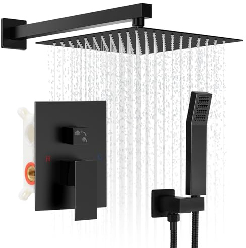 RNDIOZD Black Shower Faucet Set, 10 inch Rain Shower System with Pressure Balance Valve, Wall Mounted 2-Functions Bathroom Shower Systems with Rain Shower and Handheld Spray Shower Trim Included